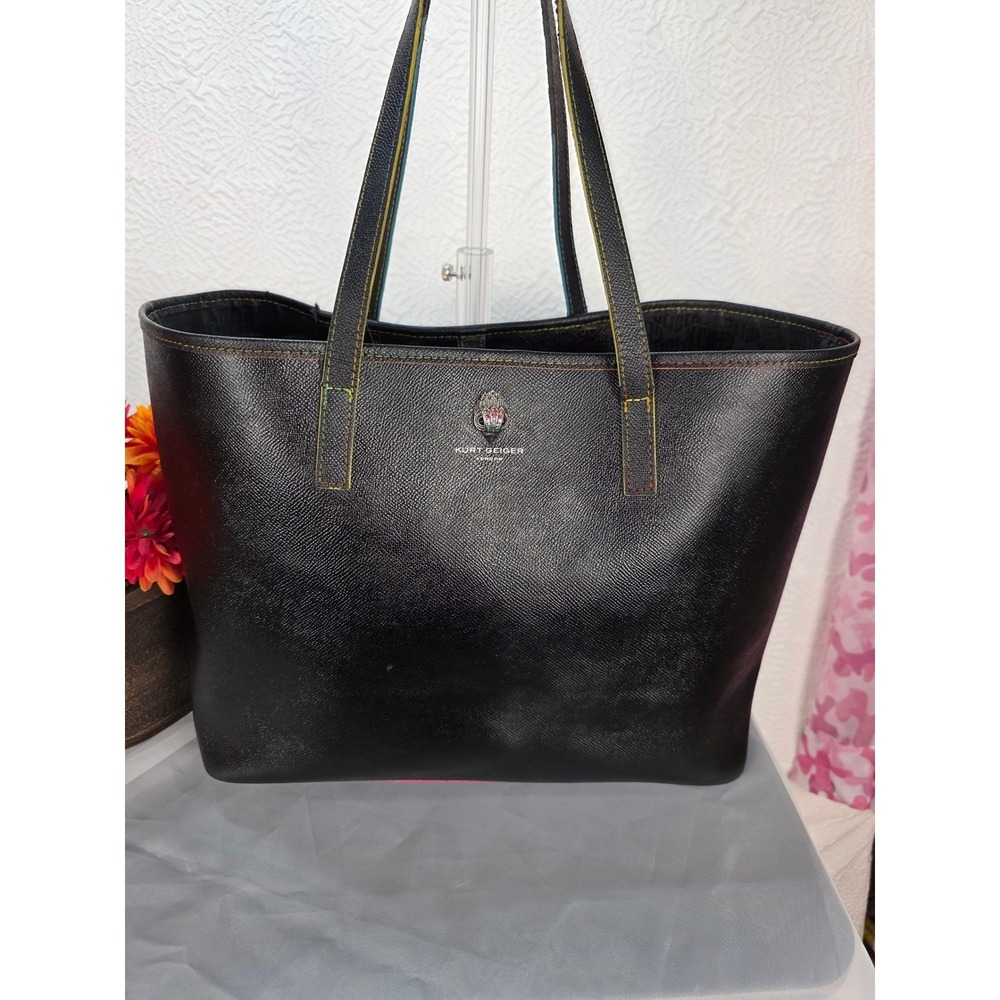 Kurt Geiger London Richmond Shopper Tote Black Leather Rainbow Stitch Bag